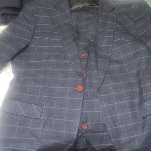Men's Navy Windowpane 3-Piece Suit with Red Buttons